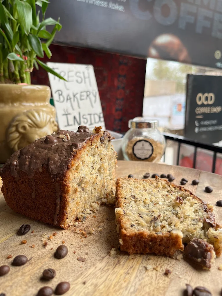 Sliced banana bread with coffee beans