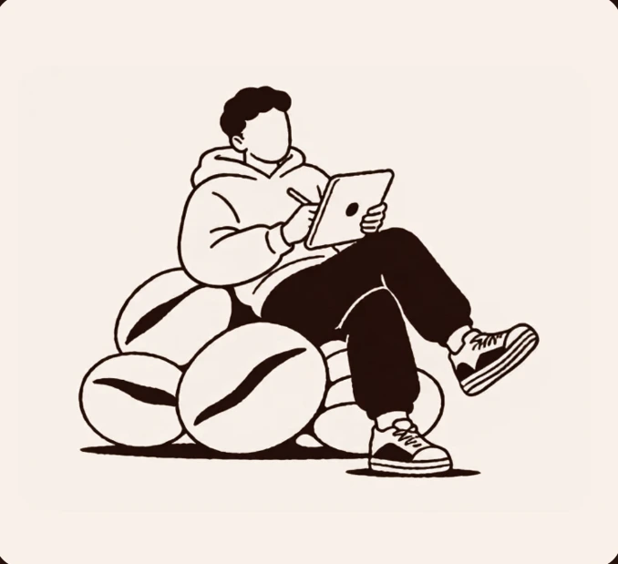 Illustration of a guest relaxing on a pile of coffee beans with a tablet