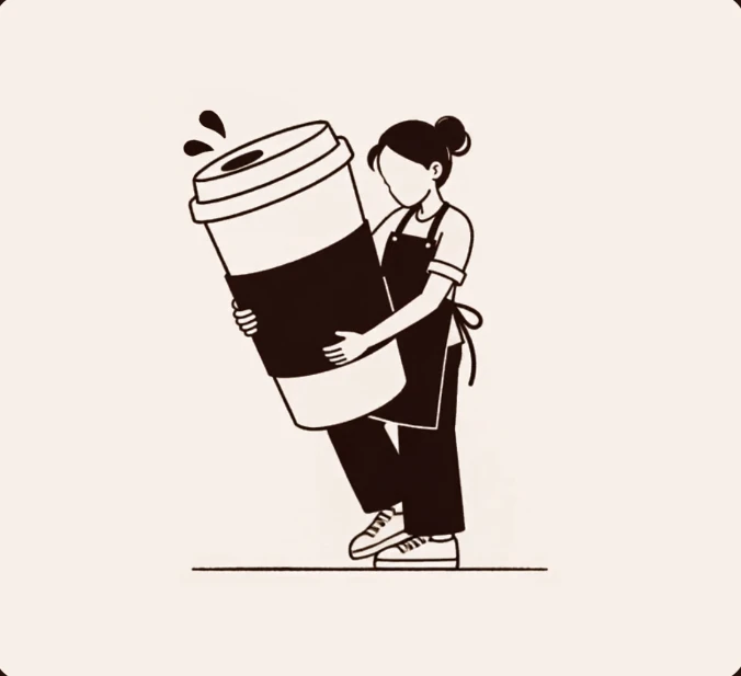 Illustration of a barista carrying a giant coffee cup at One Coffee Down