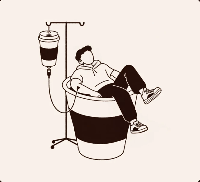 Illustration of a customer relaxing in an oversized coffee cup chair at One Coffee Down