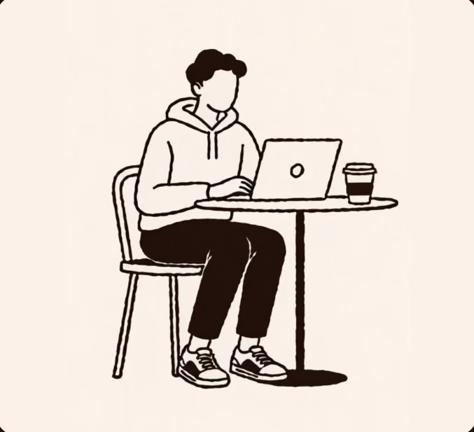 Illustration of a guest working on a laptop with coffee at One Coffee Down
