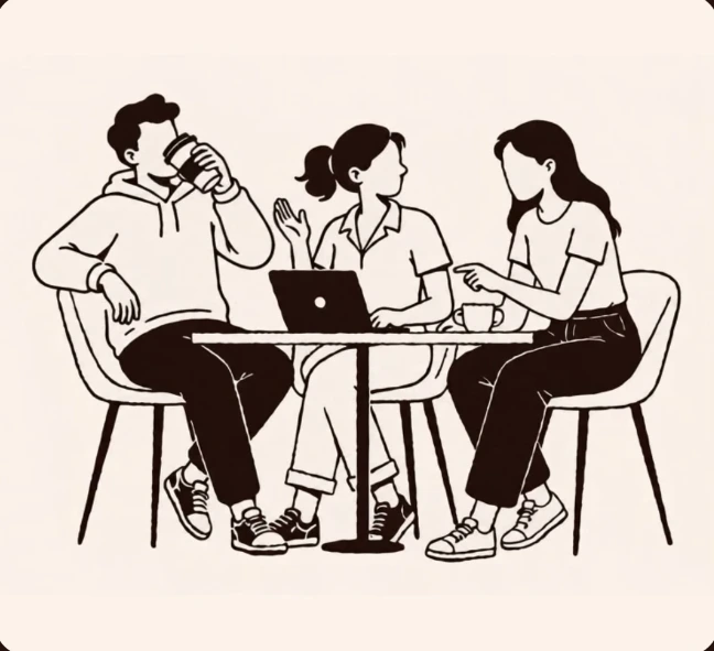 Illustration of three friends catching up over coffee at a table