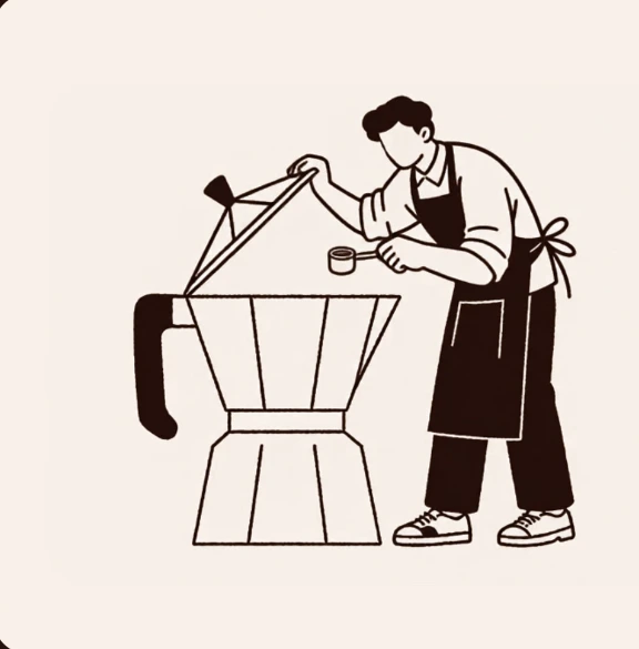 Illustration of a barista brewing coffee in a moka pot
