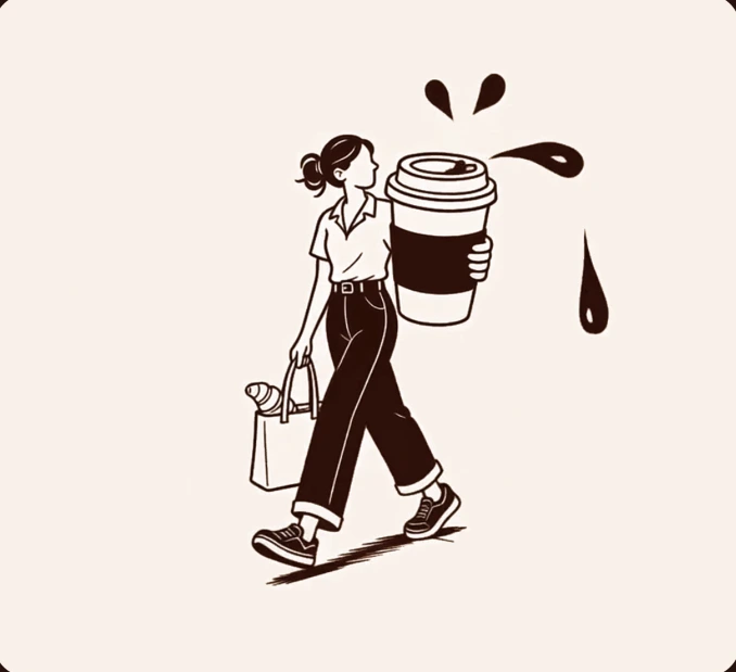 Illustration of a guest walking with a giant coffee cup